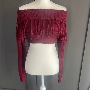 Akira Fringe Off-Shoulder Sweater -Burgundy Size S